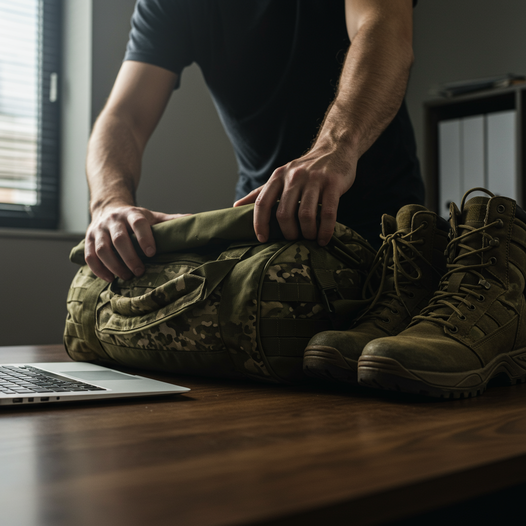 Determined person shutting laptop, immediately reaching for tactical gym bag, symbolizing Go/No-Go fitness habit